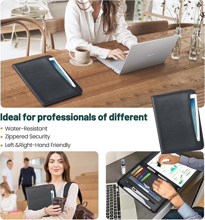 Portfolio Business for Men 10" x 13.5" Padfolio Folder with Zipper, Faux Leather Portfolio for Resume, Documents, Phone, Tablet, Business Supplies and Cards Notebook Organizer with 8.3" x 11.5"Notepad