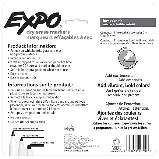 EXPO Dry Erase Markers, Whiteboard Markers with Low Odor Ink, Fine Tip, Assorted Vibrant Colors, 16 Count