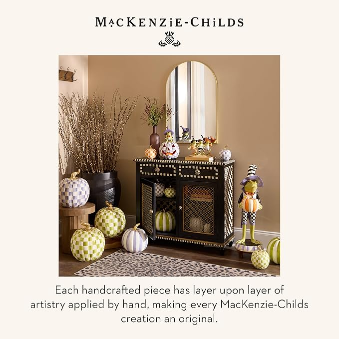 MACKENZIE-CHILDS Pumpkin, Resin Halloween and Fall Decor, Small, Olive-Green Moss Check