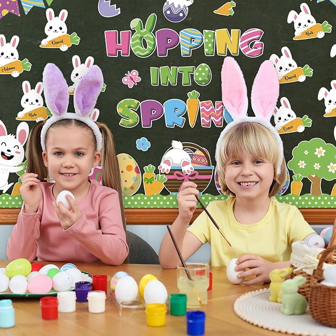 Pajean Easter Bulletin Boards Easter Classroom Decor Christian Religious Bulletin Board He is Risen Cross Bunny Egg Cutouts for Spring School Home Church Wall Door(Bunny)