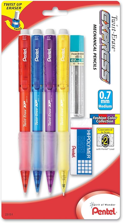 Pentel Twist-Erase EXPRESS Mechanical Pencil, 0.7mm, Assorted Fashion Barrels (QE417FLZBP4)