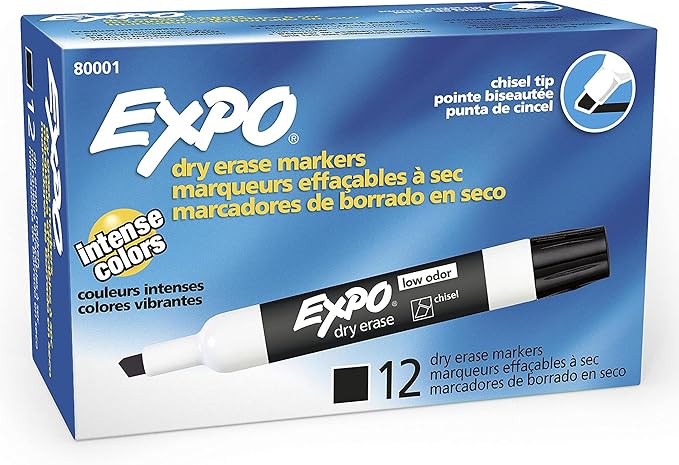 EXPO Dry Erase Markers, Low Odor Ink, Black, Chisel Tip, 12 Count - Whiteboard, Calendar, Organization, Essential Supplies for Office, School, Classroom, Teachers