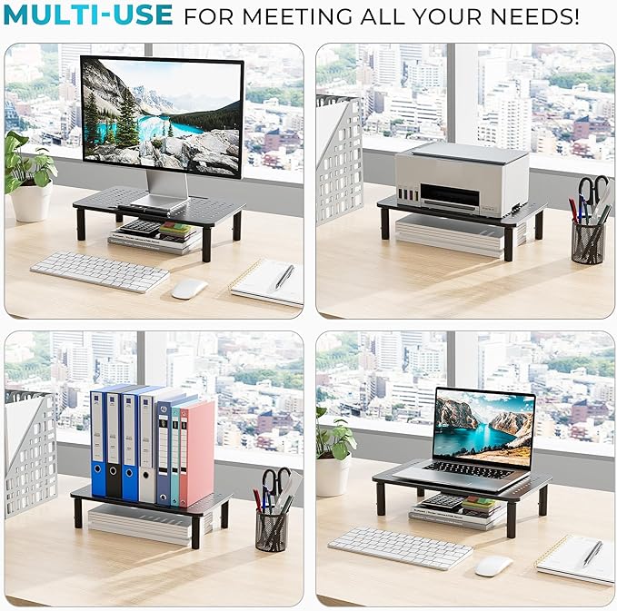 BONTEC Monitor Stand 2 Pack Height Adjustable Metal Riser with Pen Holder, Black, 14.5” x 9.1”, Ergonomic Desktop Stand for Computer, Printer, Laptop, Adjustable Desk Riser with Cable Management
