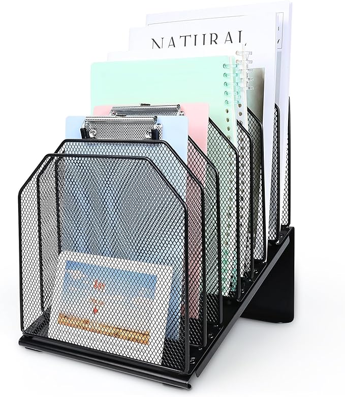 Inclined File Organizer for Desk, 7-Section Vertical File Folder Holder Office Desk Organizer Metal Rack File Wire Mesh Desktop Document Sorter for Office School Classroom Home (Black)