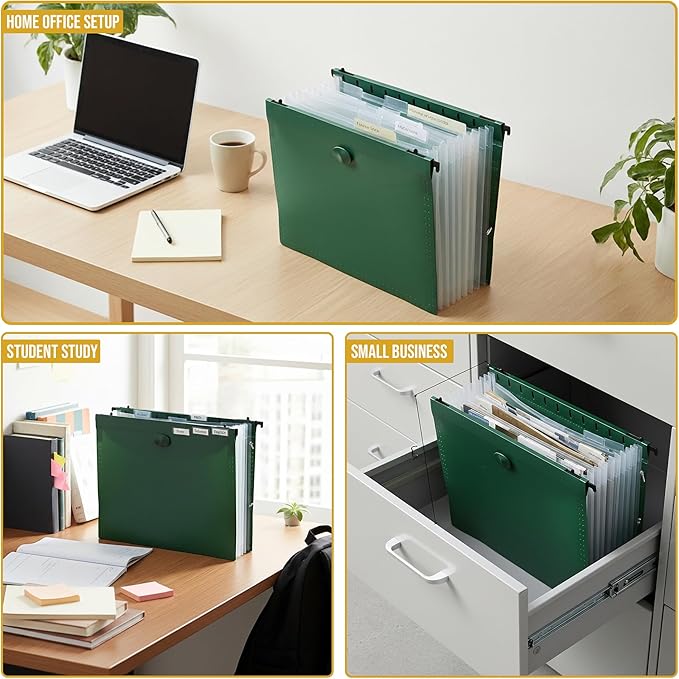 Iconikal 12-Pack Expanding Hanging File Folders with 7 Pockets, Portable Heavy-Duty Poly Organizers for Letter Size Documents, Retractable Hooks & Elastic Closure