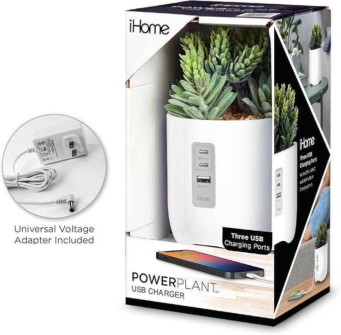 iHome PowerPlant Charging Station, Faux Succulent with USB Charging Station for iPhone, Android, and More – White (iPP45)