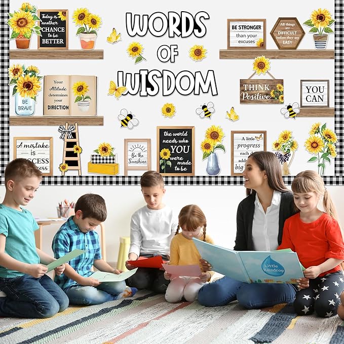 57 Pcs Sunflower Bulletin Board Set Inspirational Flower Bulletin Board Decoration Positive Cutout Classroom Decoration for School Office Home Teacher Classroom Wall Supplies