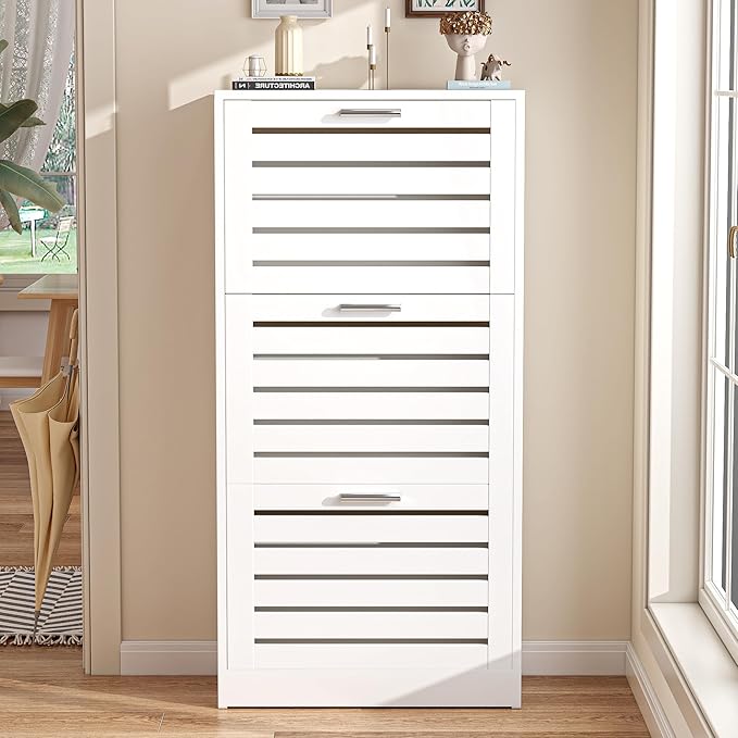 VECELO Slim Shoe Storage Cabinet with 3 Flip Drawers, Free Standing for Narrow Entryway, Modern Style, White (47.8" x 23.6" x 11.4")