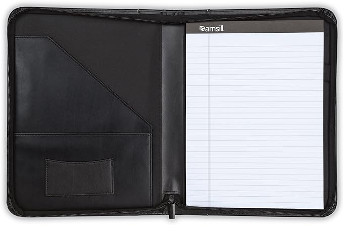 Samsill Contrast Stitch Leather Zippered Portfolio Folder/Business Portfolio for Men and Women, Resume/Document Organizer with Writing Pad, Black (71720)