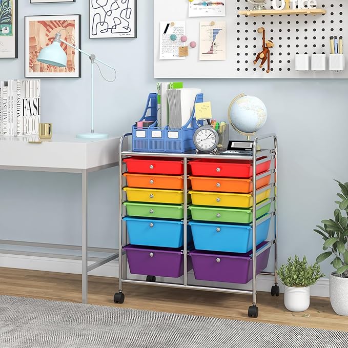 COSTWAY 12-Drawer Rolling Storage Cart, Moveable Art Craft Organizer W/Lockable Wheels, Metal Shelf, Files Arrangement Tools Makeup Storage Cart for Office, Home, School (Multi-Color)