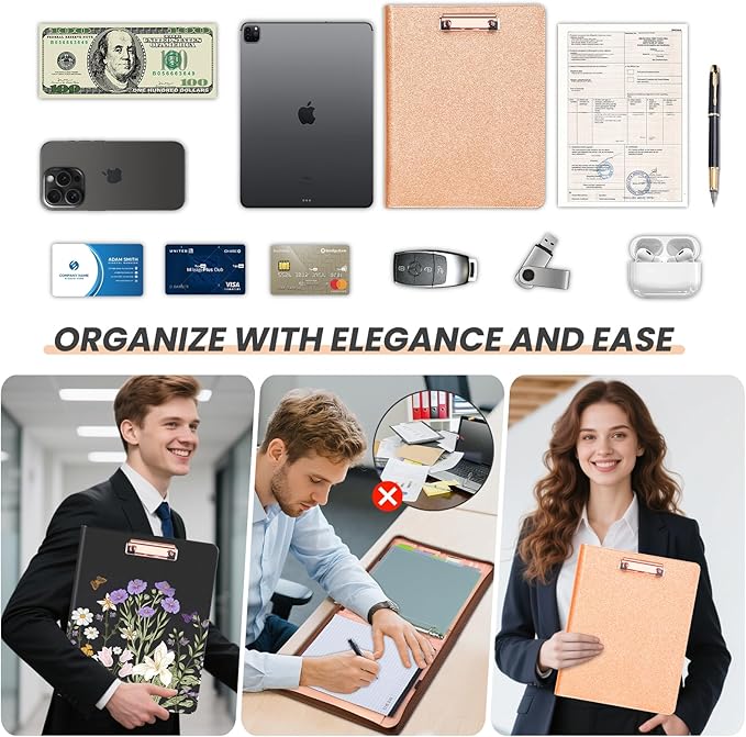 Leather Padfolio Portfolio with Clipboard Storage, Removable 3 Ring Binder 1 Inch Zipper Binder, Document Organizer for Women Men with Notepad, 5 Pocket Dividers, Pen Holder, Rose Gold