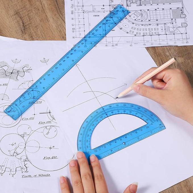 4 Pcs Ruler Protractor Set, Blue 12" Ruler and 6" Protractor 180 Degrees Angle Measurement Geometry Set with Inches Centimeters for Office School Classroom Home Drawing Supplies