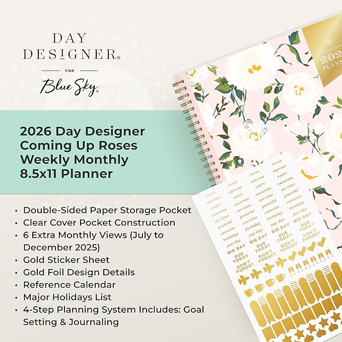 Blue Sky Day Designer 2026 Weekly and Monthly Planner Calendar, January 2026 - December 2026, 8.5" x 11", Clear Pocket Cover, Durable Twin Wire Binding, Includes Storage Pocket, Stickers, Coming Up Roses