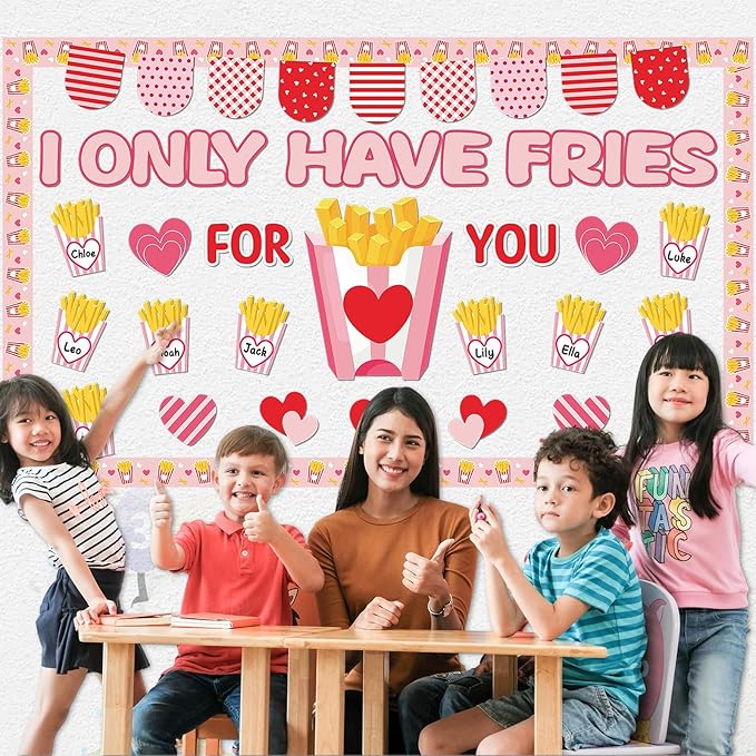 party greeting Valentine's Day Fries Bulletin Board Set Valentines I Only Have Fries for You Classroom Decor Love Heart Name Border Trims Paper Cutouts for School Classroom Home Wall Decor Supplies