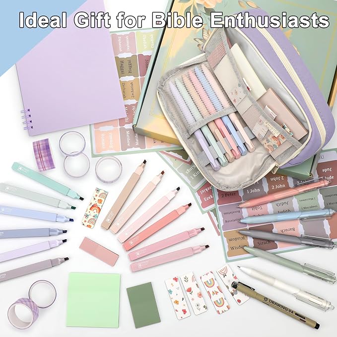 54Pcs Bible Study Supplies for Women, Bible Journaling Kit with Pencil Case, Notebook, No Bleed Highlighters and Pens, Laminated Tabs & More, Note Taking Supplies, Christian Gifts, Purple