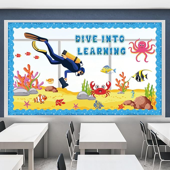 party greeting Ocean Animal Bulletin Board Set Under The Sea Classroom Decoration Summer Dive into Learning Sea Animals Fish Paper Cutouts for Tropical School Chalkboard Wall Decor Supplies