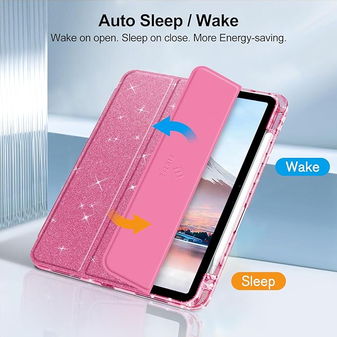 Fintie Slim Case with Pencil Holder for iPad Air 11-inch M4/M3/M2 (2026/2025/2024), iPad Air 5th (2022) / 4th Generation 10.9 Inch - Glittering Sparkly Cover with Shiny Clear Back Shell, Pink