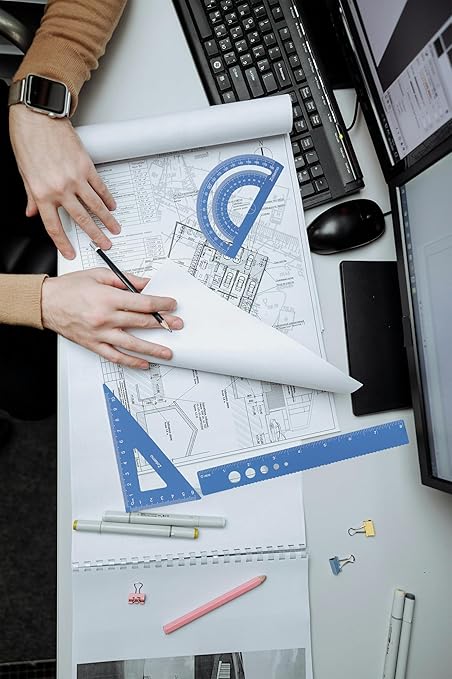 Metal Geometry Set, 5-Piece Aluminum Ruler, Math Drafting Ruler Kit Includes Protractor, Triangle Rulers, Straight Rulers-Math Measurement Tools for School and Office Supplies (Blue)
