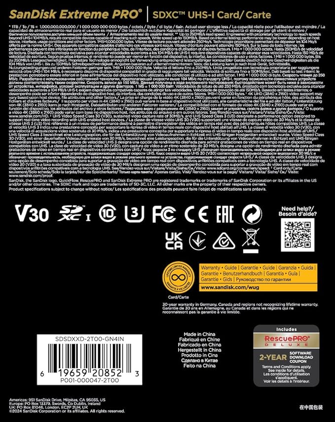 SanDisk 2TB Extreme PRO SDXC UHS-I Memory Card - Up to 250MBs - C10, U3, V30, 4K UHD, SD Card - SDSDXXD-2T00-GN4IN