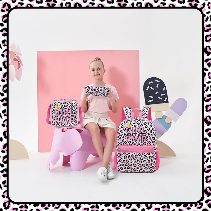 Backpack for School Girls Backpack with Lunch Box Kids Backpacks for Girls Leopard Backpacks for Elementary Teens Back to School