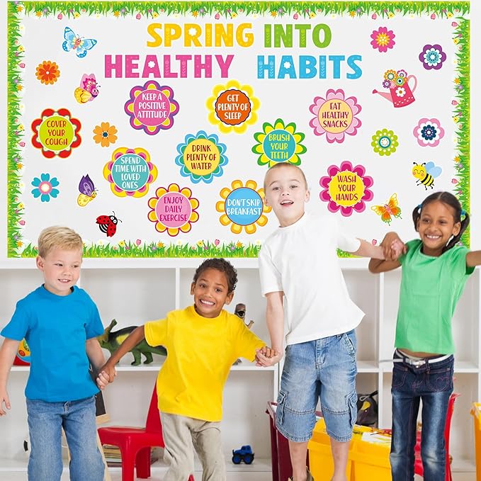 Epakh Spring Health Bulletin Board Decorations Set Spring Flowers Classroom Decor Flower Bee Butterfly Accents Paper Cutouts for Door Wall School Spring Theme Party Supplies(Healthy Habits)