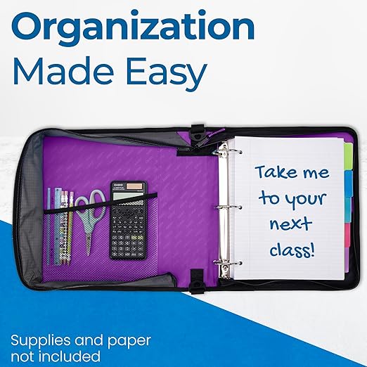 Case-it Classic Zipper Binder | 2-Inch O-Rings, 350 Sheet Capacity, Multiple Storage Pockets & Shoulder Strap | School & Office Organizer | D-251 Deep Purple | 6 Pack