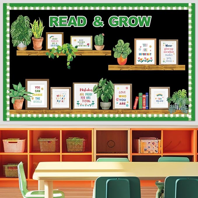 Plant Bookshelf Bulletin Board Set Read and Grow Motivational Greenery Classroom Decor Reading Library Back to School Positive Eucalyptus Potted Paper Cutouts for School Wall Decor Supplies