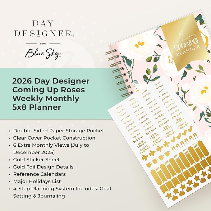Blue Sky Day Designer 2026 Weekly and Monthly Planner Calendar, January 2026 - December 2026, 5" x 8", Clear Pocket Cover, Durable Twin Wire Binding, Includes Storage Pocket, Stickers, Coming Up Roses