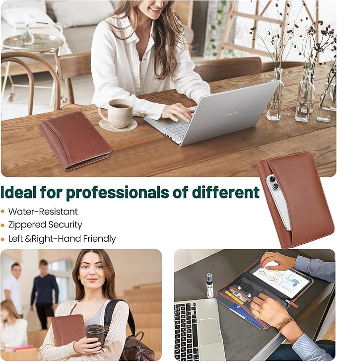 Padfolio Portfolio Organizer Binder Interview Resume Folder Zippered Business Portfolio Faux Leather Padfolio Portfolio Binder for Business School Office Conference Notepad Clip Boards(Brown)