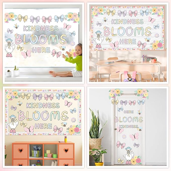 Spring Bulletin Board Decoration Set Kindness Blooms Here Classroom Decoration Spring Pastel Bows Flowers Butterfly Cutouts for School Classroom Home Office Chalkboard Door Wall Party Decor Supplies
