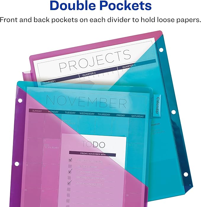 Avery Big Tab Insertable Plastic 2 Pocket Dividers for 3 Ring Binders, 8 Tab Set, Bright Two-Tone Multicolor, Works with Sheet Protectors, 1 Set (11989), Pack of 24