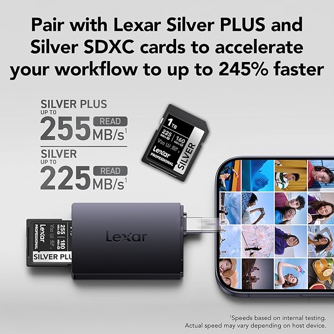 Lexar Dual Slot MicroSD/SD Card Reader for iPhone, USB 3.2 Gen 1, up to 255MB/s Read, Compatible with iPhone 15+, Laptop, Desktop (LRW360U-BNBNG)