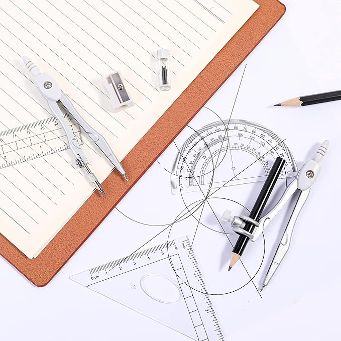Math Geometry Kit Sets 10 Piece Student Supplies with Shatterproof Storage Box,Includes Rulers,Protractor,Compass,Eraser,Pencil Sharpener,Lead Refills,Pencil,for Drafting and Drawings(Grey)
