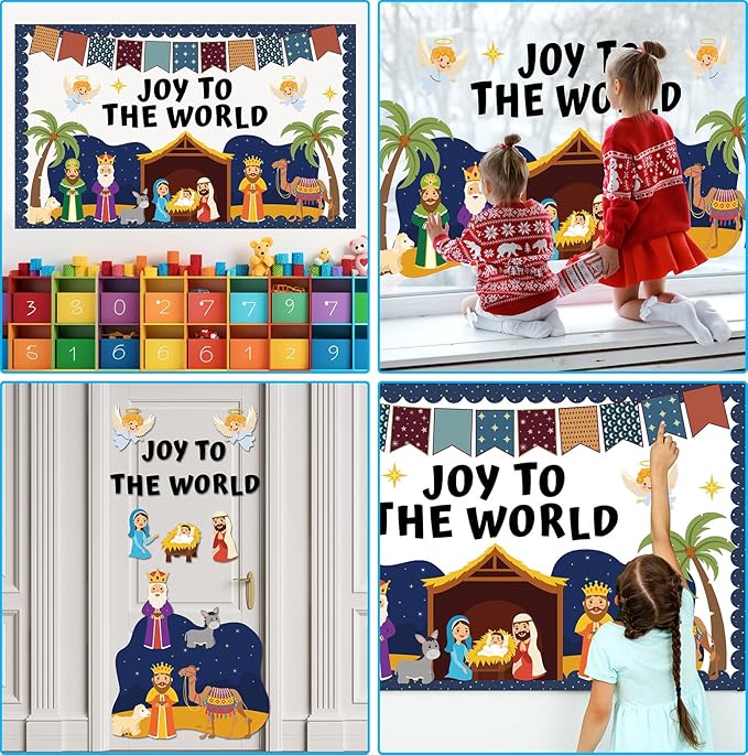 Christmas Nativity Scene Bulletin Board Set Christian Jesus Birth Classroom Decoration Joy to The World Bulletin Board Religious Paper Cutouts for Sunday School Classroom Church Chalkboard Wall Decor