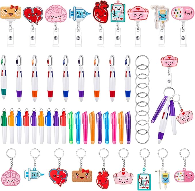 Henoyso 54 Pcs Nurse Badge Reel Pens Mini Highlighter Pens Bulk Nursing Week Appreciation Gifts Badge Accessories Retractable for Cna Medical Assistant Christmas Women (Classic)