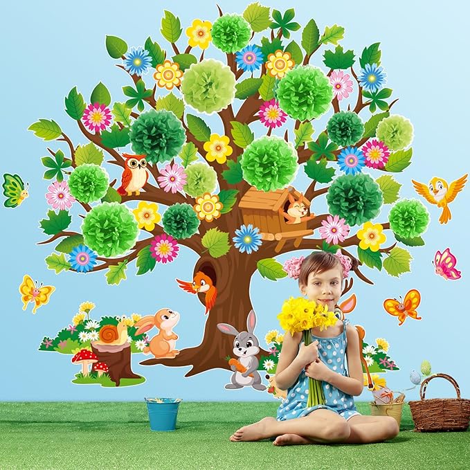 Pajean 110 Pieces Classroom Tree Bulletin Board Set Spring Tree Bulletin Board Decoration with Paper Pom Poms 3D Flowers Leaves Butterfly Cutouts for School Classroom Home Wall Chalkboard Decor