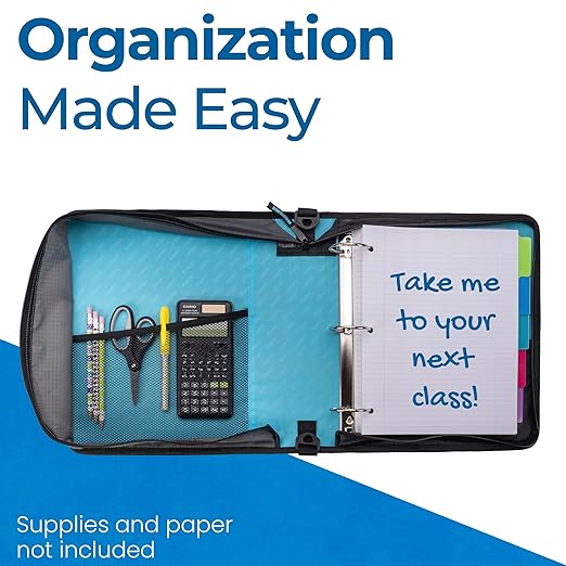 Case-it Universal Zipper Binder | 2-Inch O-Rings, 13-Inch Laptop/Tablet Padded Pocket, 400 Sheet Capacity, Multiple Storage Pockets & Shoulder Strap | School & Office Organizer | LT-007 Teal
