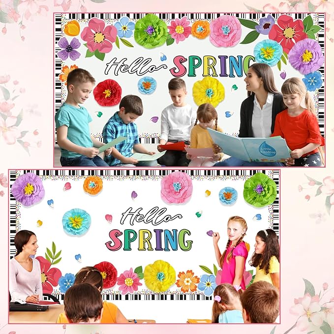 62 Pcs Hello Spring Bulletin Board Sets Spring Flower Classroom Decoration 3D Floral Bulletin Board Flower Cutouts for Classroom Chalkboard Wall Decor