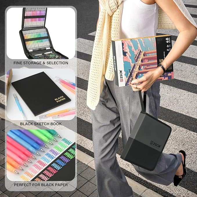 48 Colors 3D Acrylic Gel Pens & Black Paper Sketchbook for Drawing, 1mm Fine Point Acrylic Ink Pen, Opaque Archival Ink Pens for Black Paper Drawing, Sketching, Illustration, Card Making