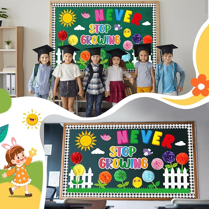 Spring Bulletin Board Decorations Set March Flowers Bulletin Board with 3D Paper Floral Cutouts Classroom Decorations Back to School Wall Decor Party Favor(Never Stop Growing)