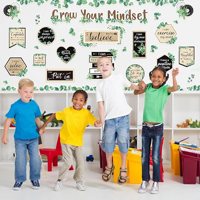 42Pcs Grow Your Mindset Bulletin Board Set Eucalyptus Leaves Greenery Paper Cutouts with 100Pcs Glue Points for Back to School Party Classroom Craft Wall Decor