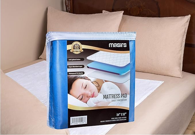 Masirs Mattress Pad Sheet Protector - Soft Quilted Cotton with Waterproof Layer to Protect Your Mattress & Keep Sheets & Linen Dry. Superior Alternative to Disposable Mattress Pads. (34 x 52 Inches)