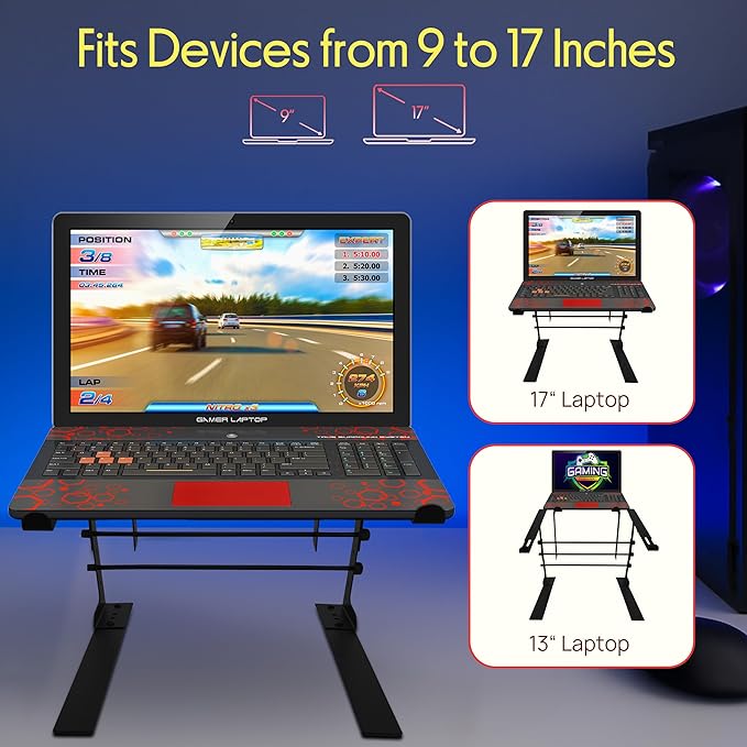 Pyle Portable Dual Laptop Stand - Standing Table with Adjustable Height, Ergonomic Design & Anti-Slip Prongs for DJ Mixer, Sound Equipment, Workstation, Gaming & Home Use - PLPTS38, Black