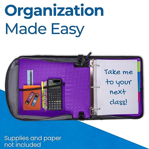 Case-it Universal Zipper Binder 2-Inch O-Rings,13In Laptop/Tablet Padded Pocket,400 Sheet Capacity,Multiple Storage Pockets & Shoulder Strap School & Office Organizer LT-007 Deep Purpal (Pack of 6)