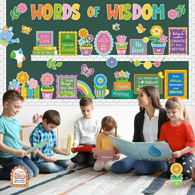 57 Pcs Spring Floral Bulletin Board Set Inspirational Flower Bulletin Board Decoration Positive Cutout Classroom Decoration for School Office Home Teacher Classroom Wall Supplies