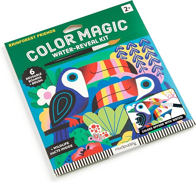 Mudpuppy Rainforest Friends – Color Magic Water Reveal Kit with Illustrations of Rainforest Animals for Children Ages 2 and Up