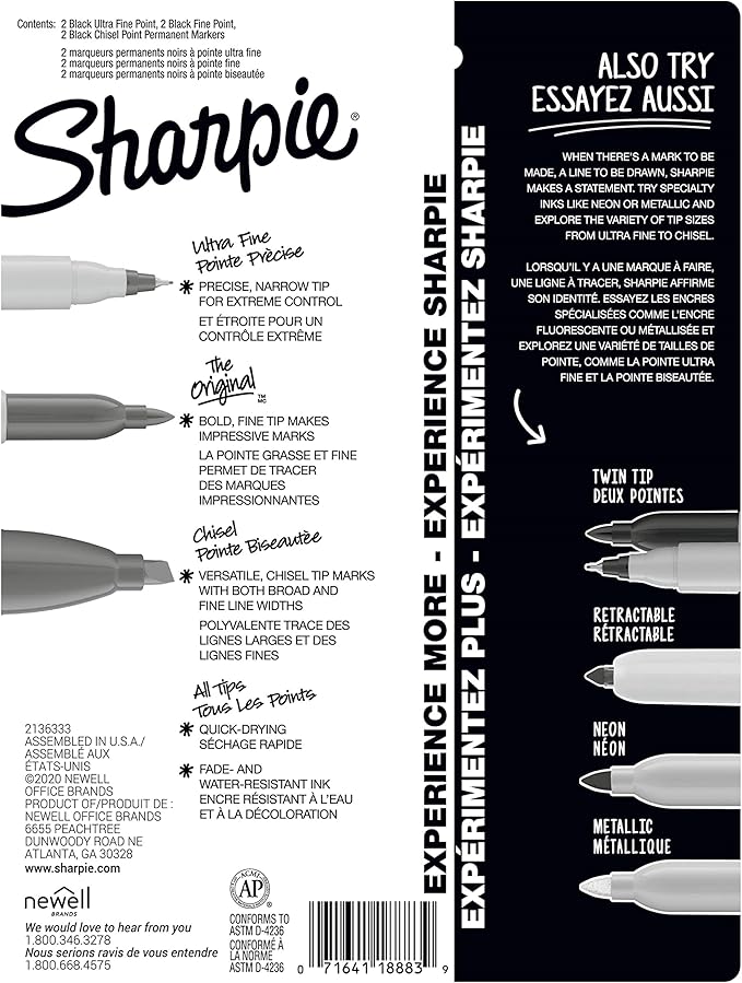 Sharpie Permanent Markers Variety Pack, Includes Chisel, Fine, and Ultra-Fine Tips, Marker Set, Writing, Coloring, Poster, Office, School Supplies, Black, 6 Count