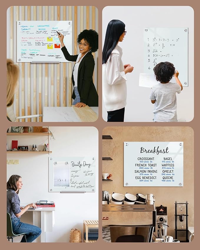 Mifuro Magnetic Glass Whiteboard,24"x18" Wall Mounted Frameless Dry Erase Board for Office, Home & School White