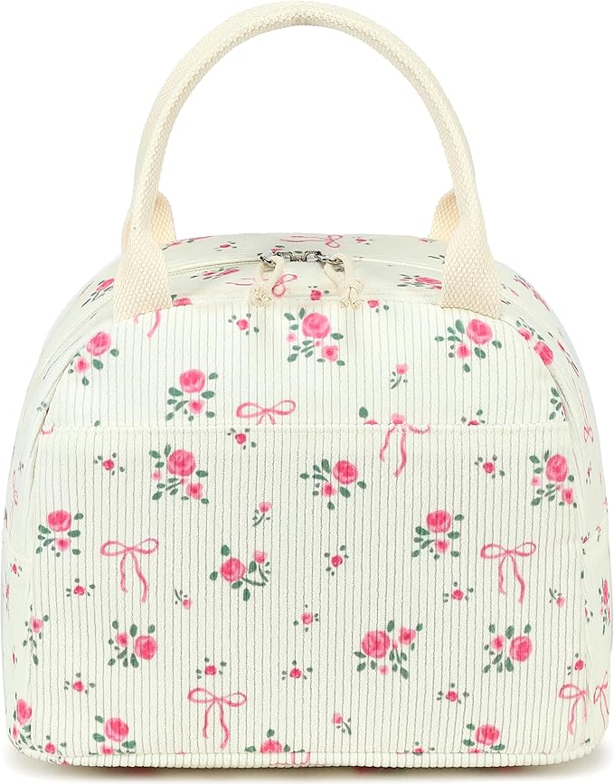 LEDAOU Lunch Box for Women Insulated Lunch Bag Corduroy Lunch Tote Bags Leakproof Cooler Lunch Case for Travel Work Picnic (Bow Floral)