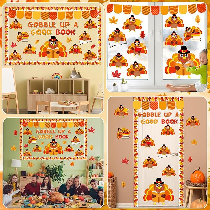 Thanksgiving Turkey Bulletin Board Classroom Decoration Fall Thanksgiving Turkey Reading Cutout Gobble Up A Good Book Bulletin Board Autumn Maple Leaves Cutouts for Home School Thankful Party Supplies